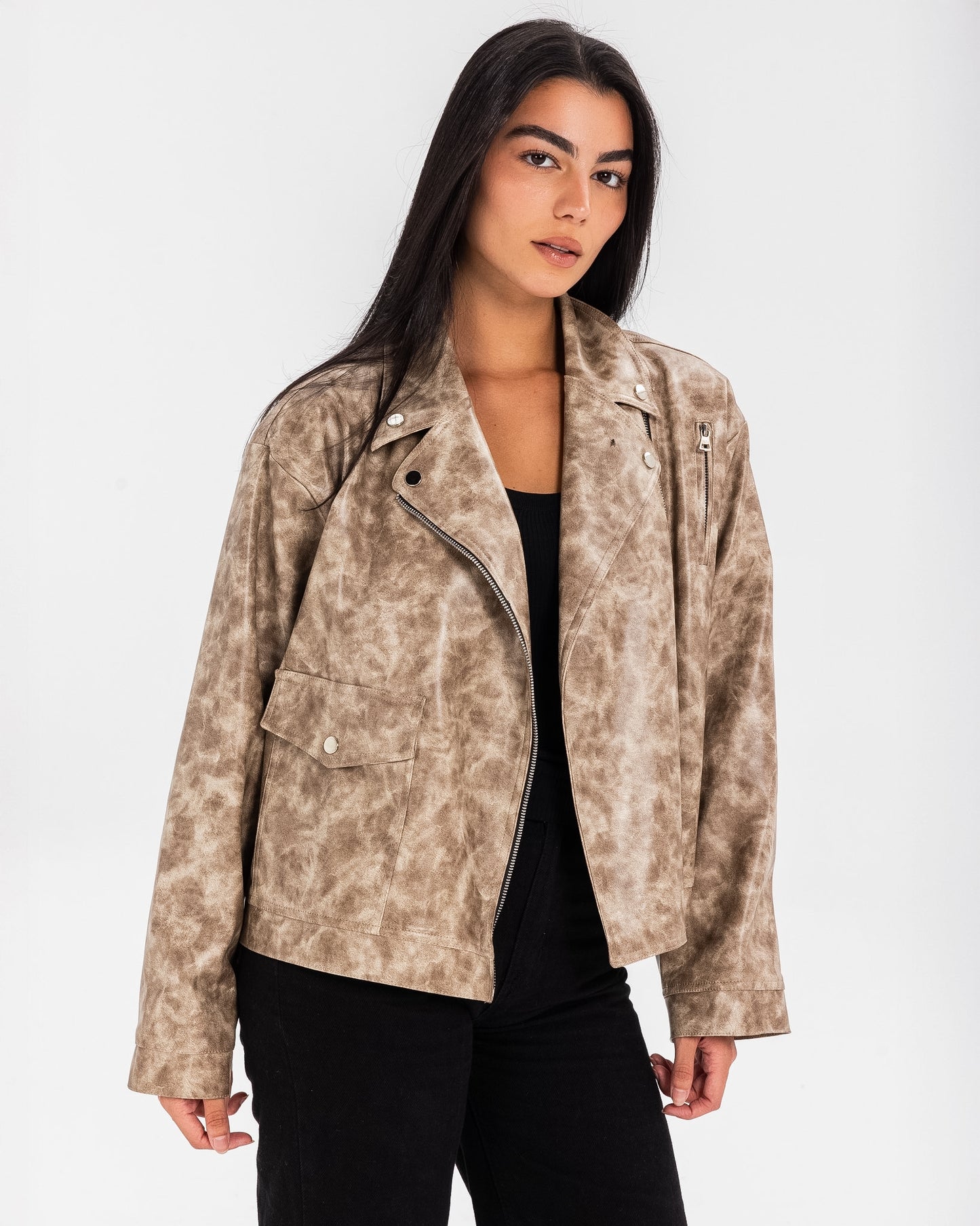 Washed Leather biker Jacket - Beige