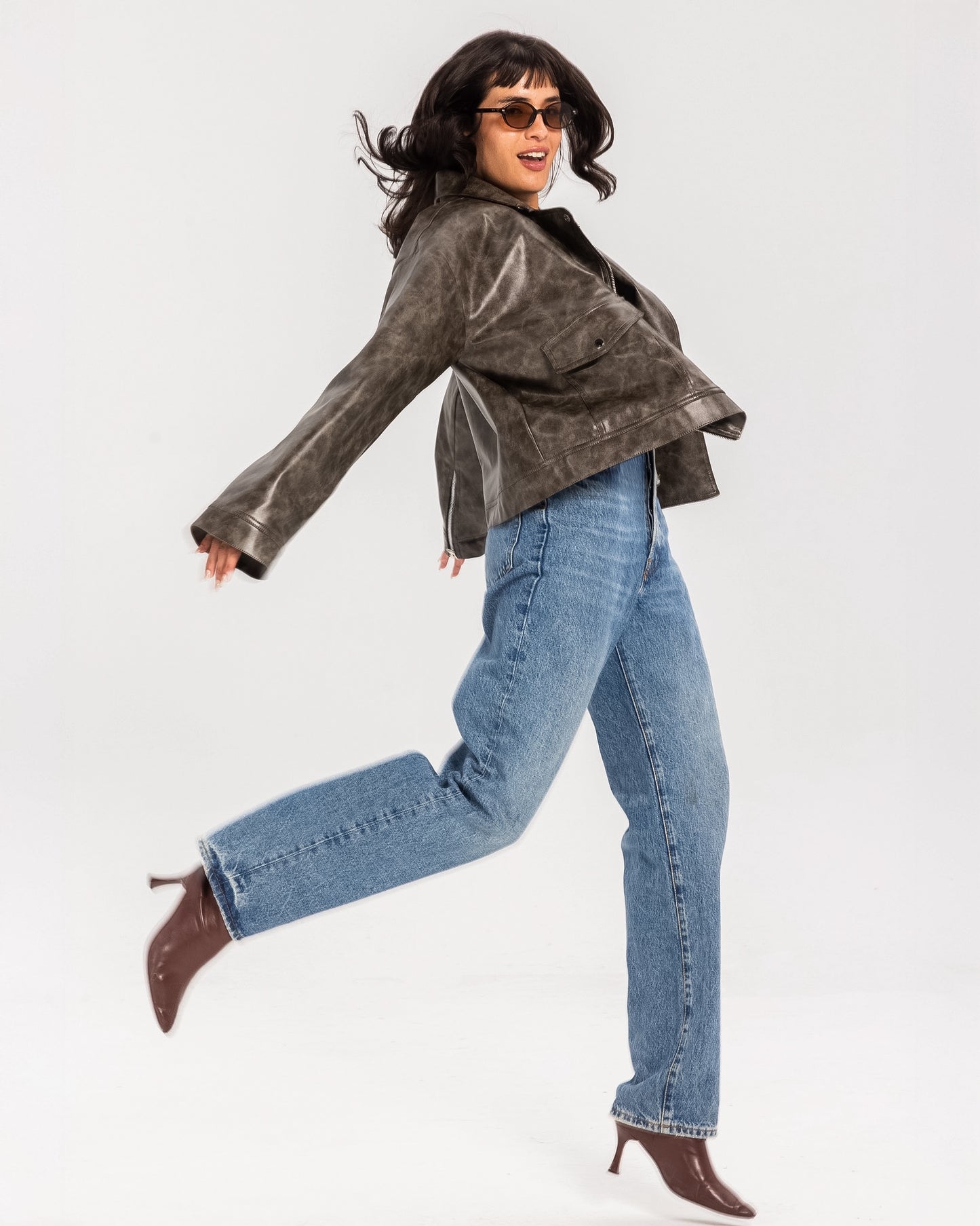 Washed Leather biker Jacket - Brown