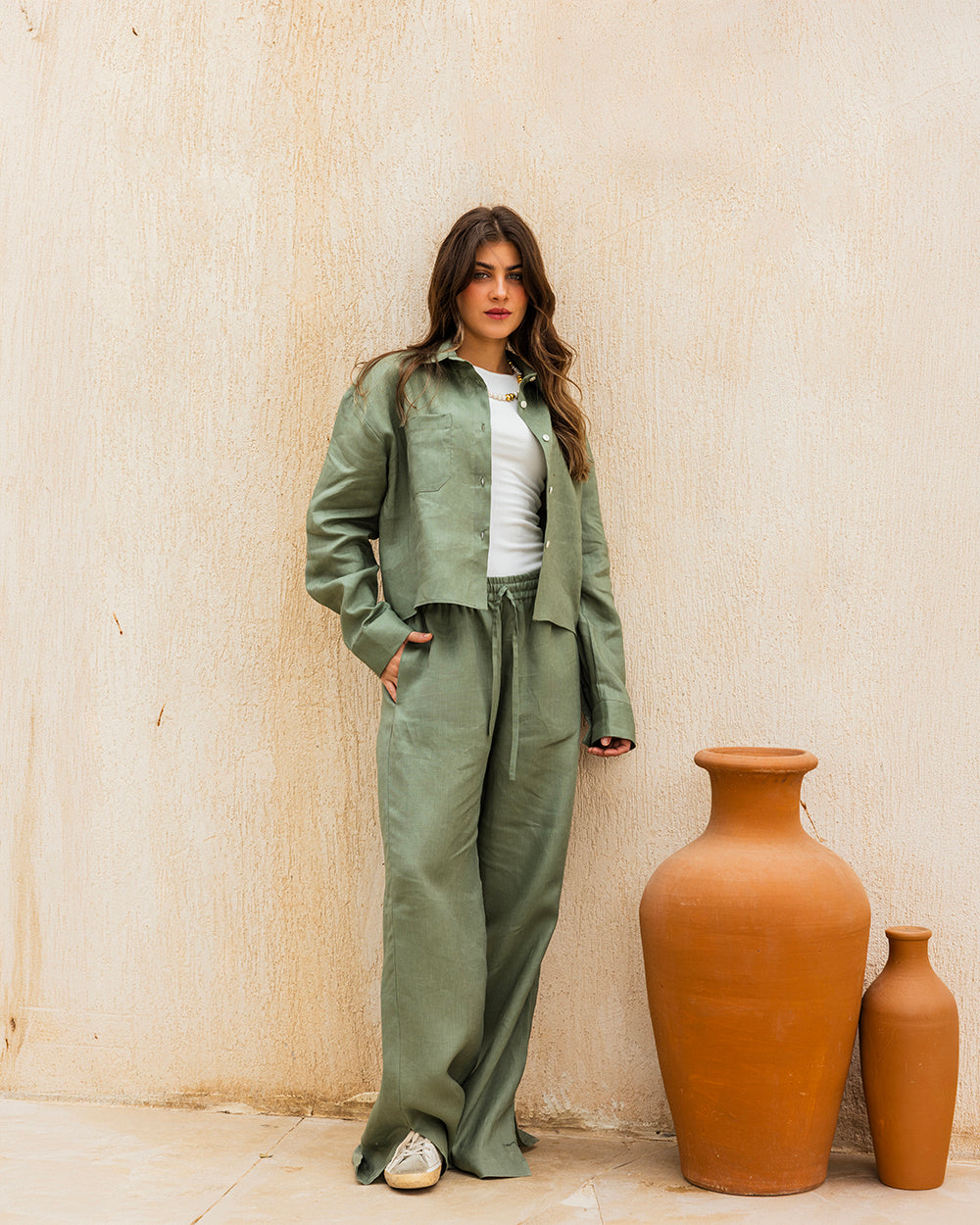 Cropped Linen Shirt - Olive