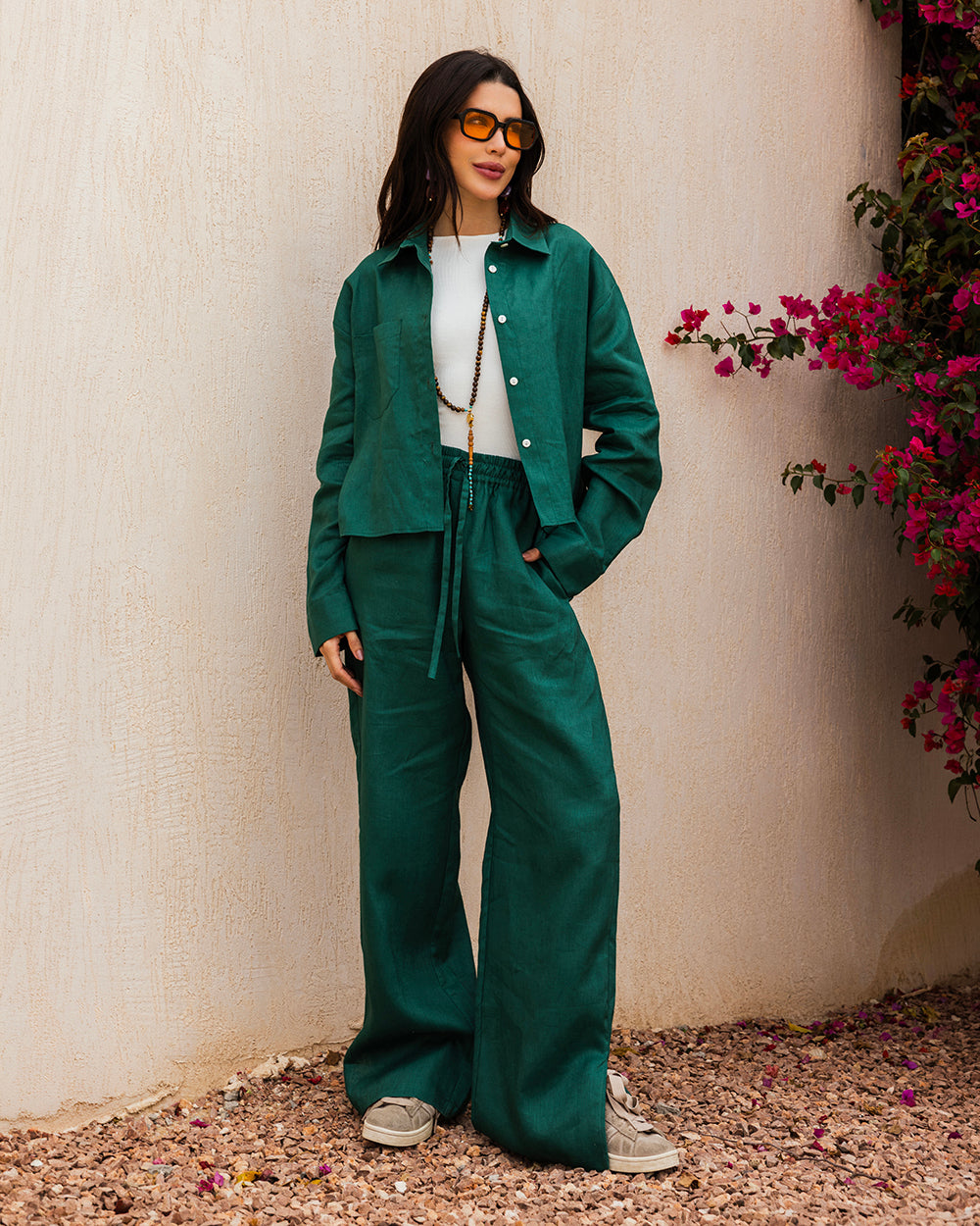 Cropped Linen Shirt - Emerald Green