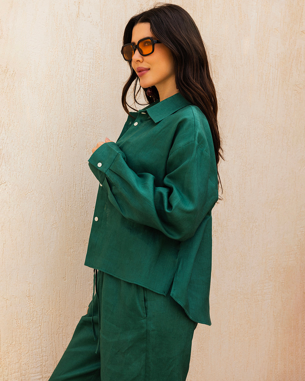Cropped Linen Shirt - Emerald Green