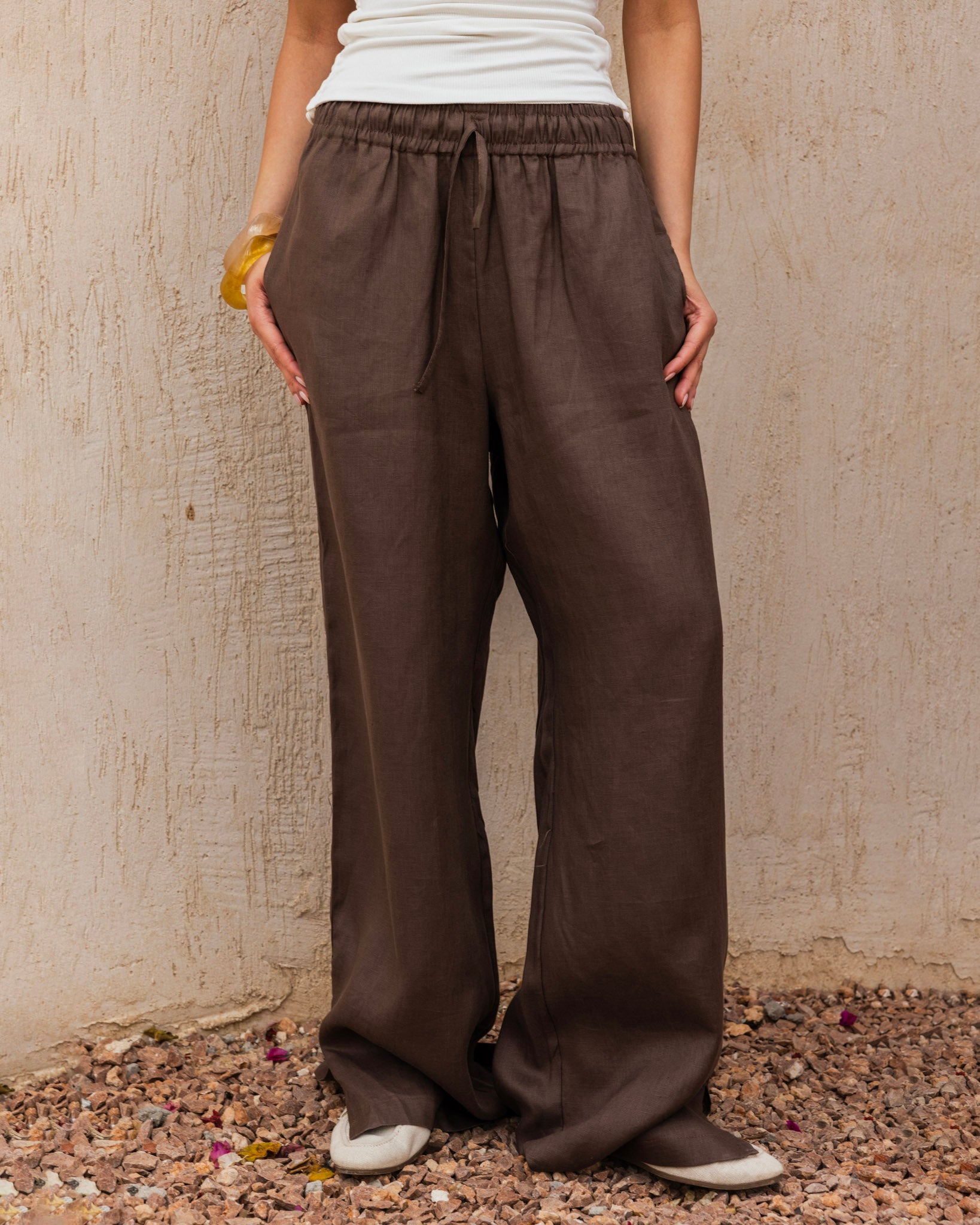 Slit Linen Pants - Brown