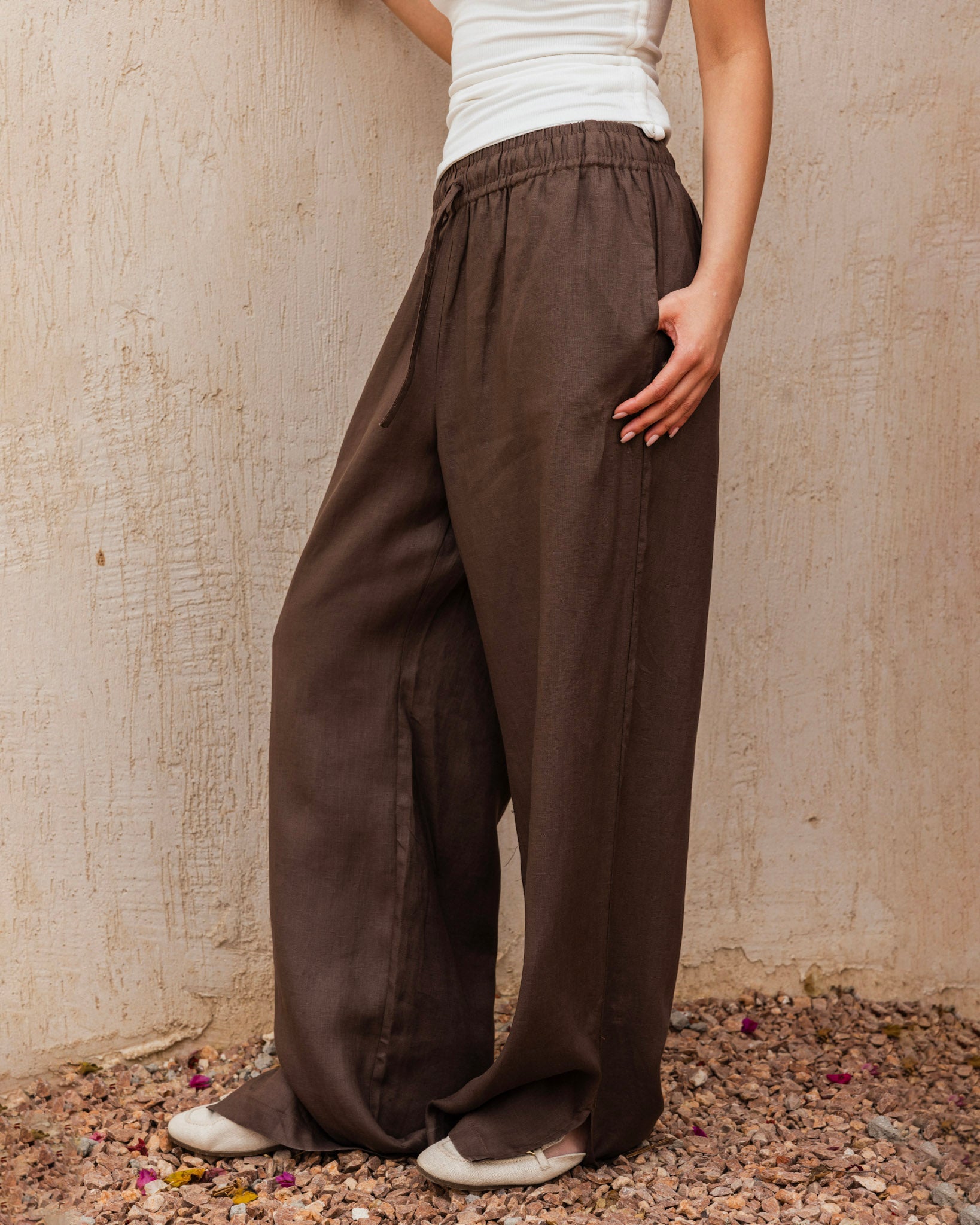 Slit Linen Pants - Brown