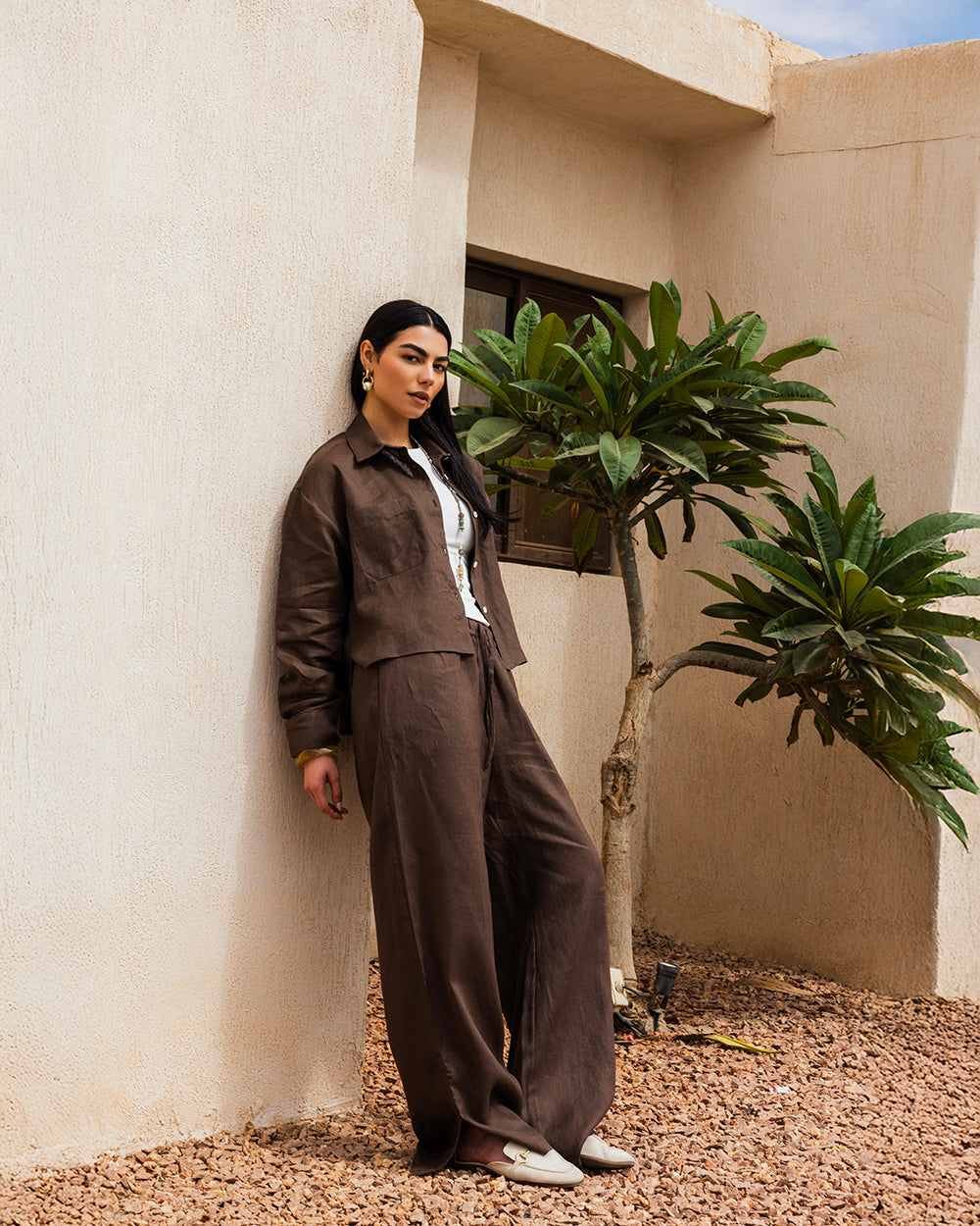 Cropped Linen Shirt - Brown
