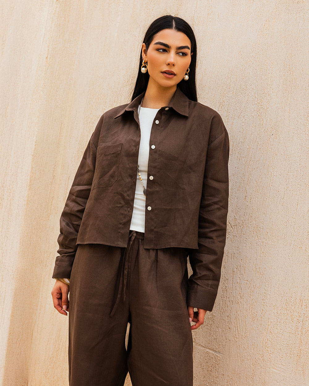 Cropped Linen Shirt - Brown