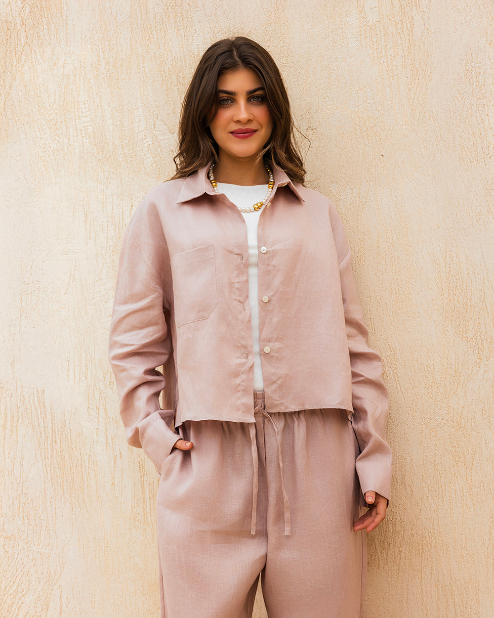 Cropped Linen Shirt - Blush Pink