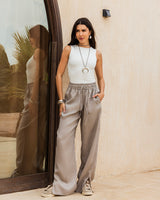 Slit Linen Pants - Grayish