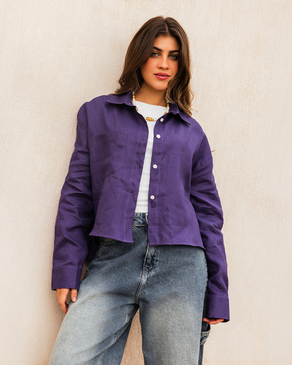 Cropped Linen Shirt - Purple