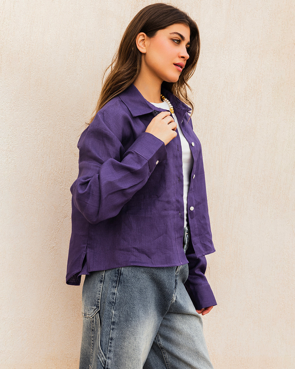 Cropped Linen Shirt - Purple