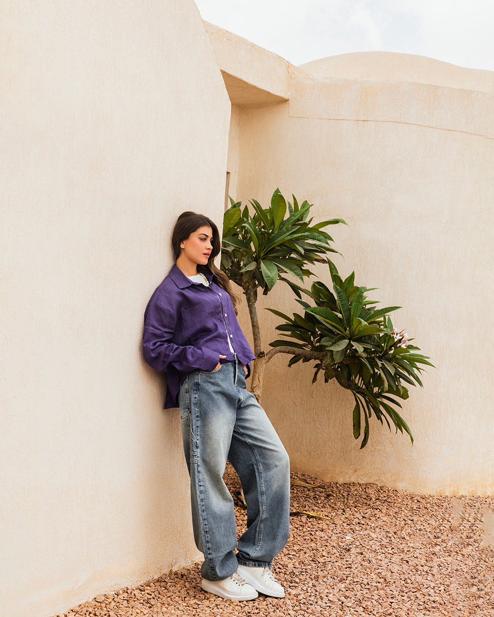 Cropped Linen Shirt - Purple