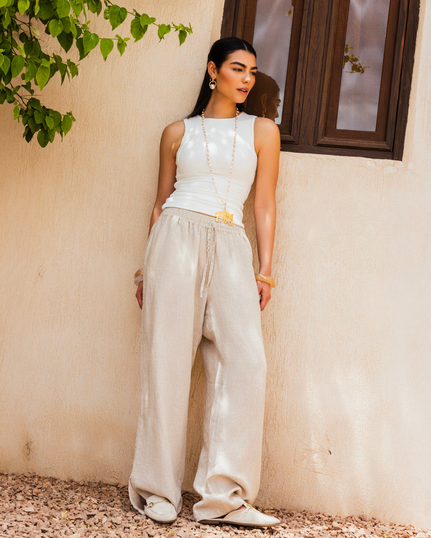 Slit Linen Pants - Beige