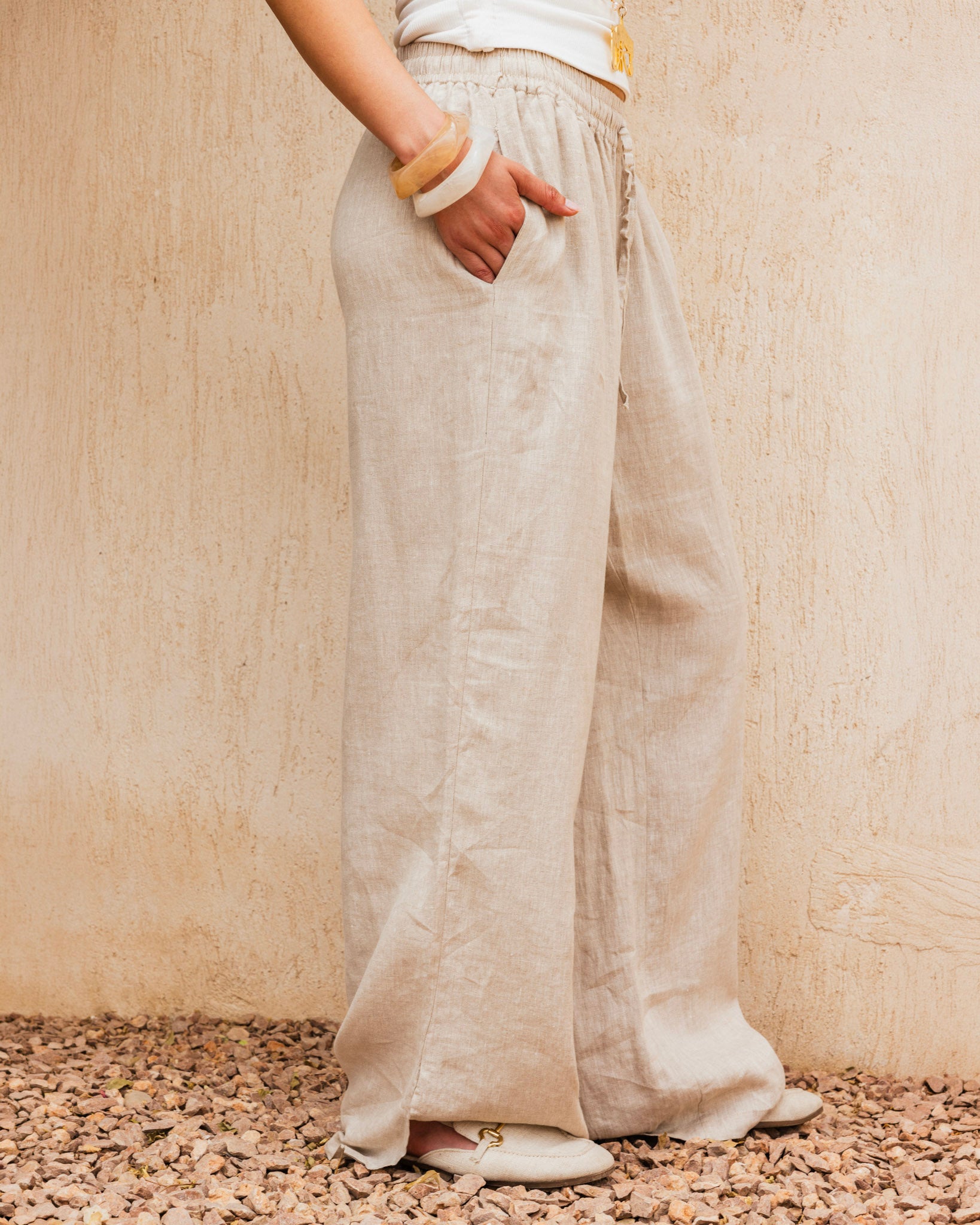 Slit Linen Pants - Beige