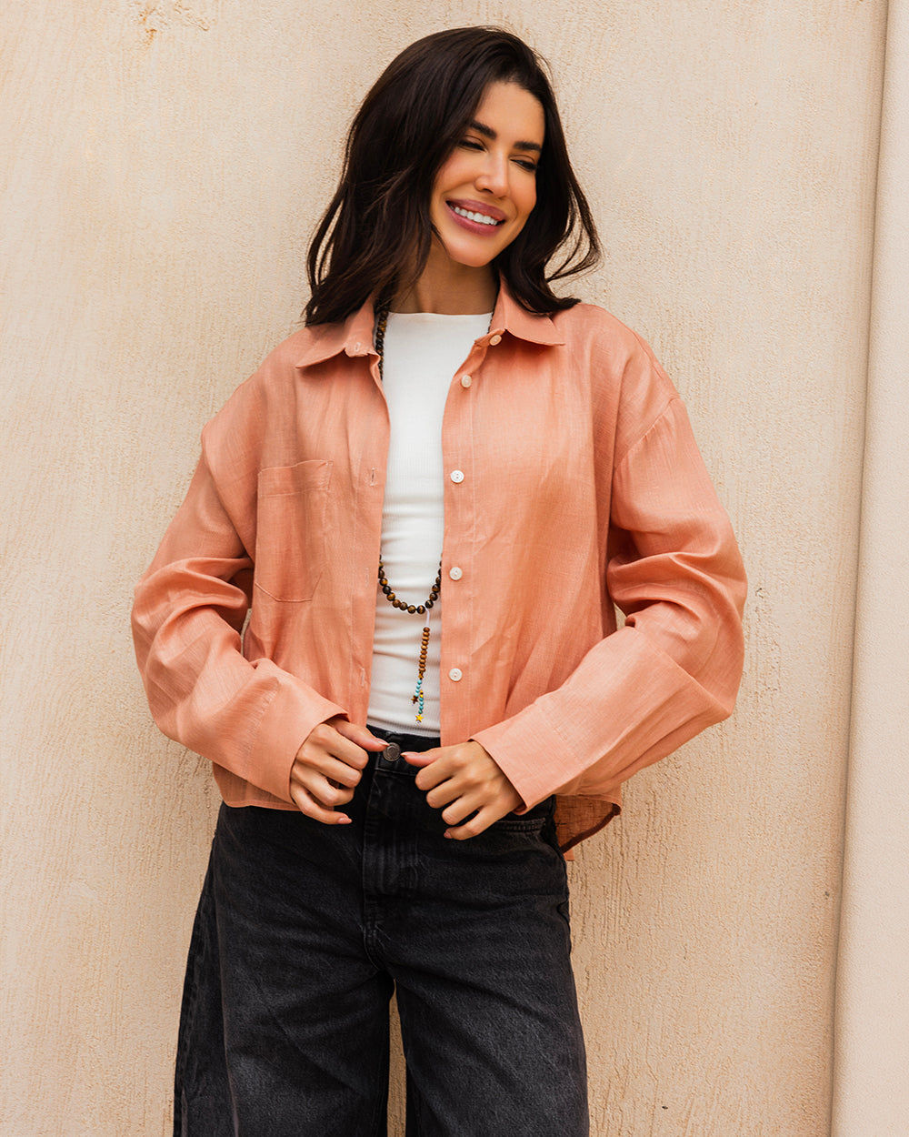 Cropped Linen Shirt - Light Coral