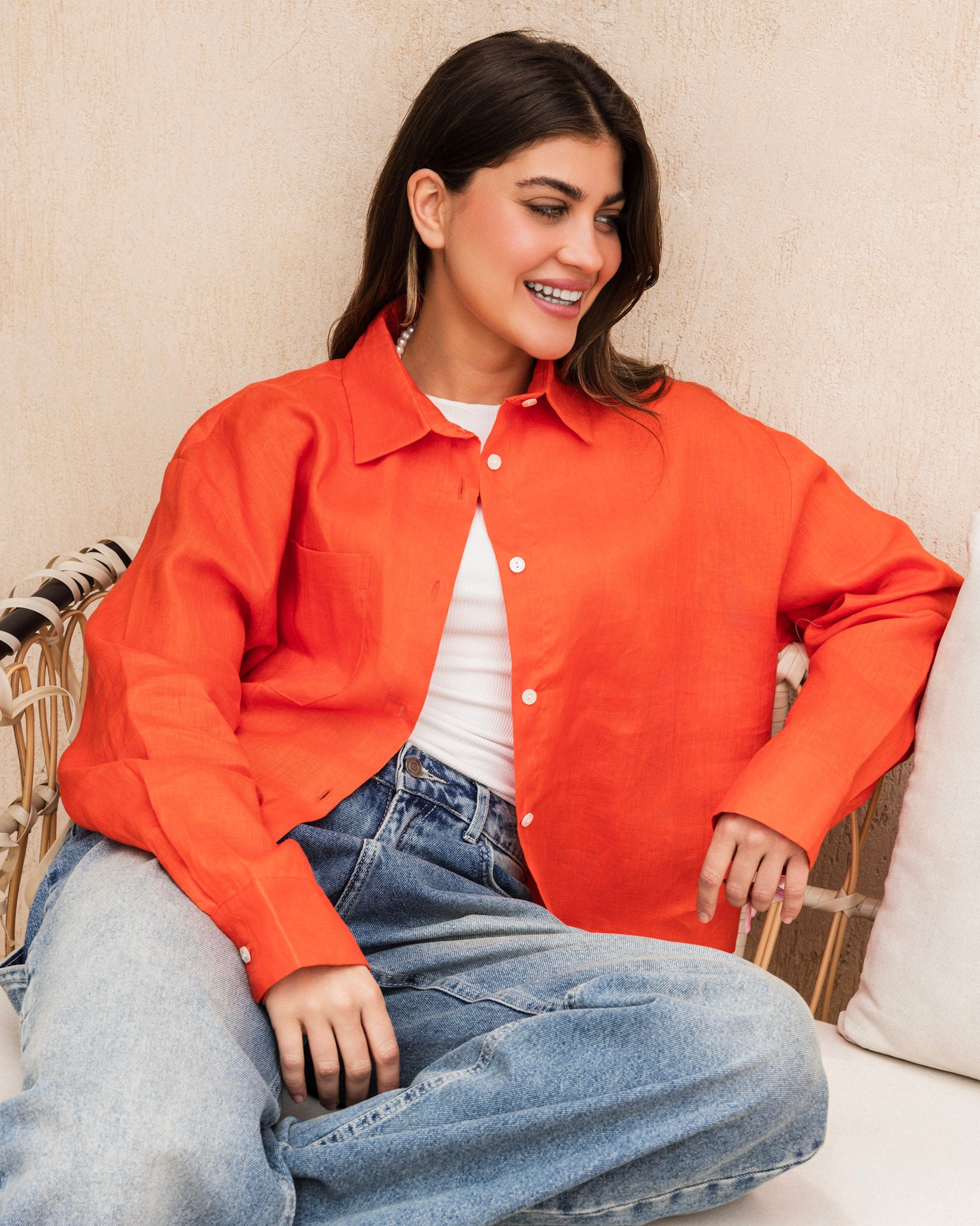 Cropped Linen Shirt - Orange