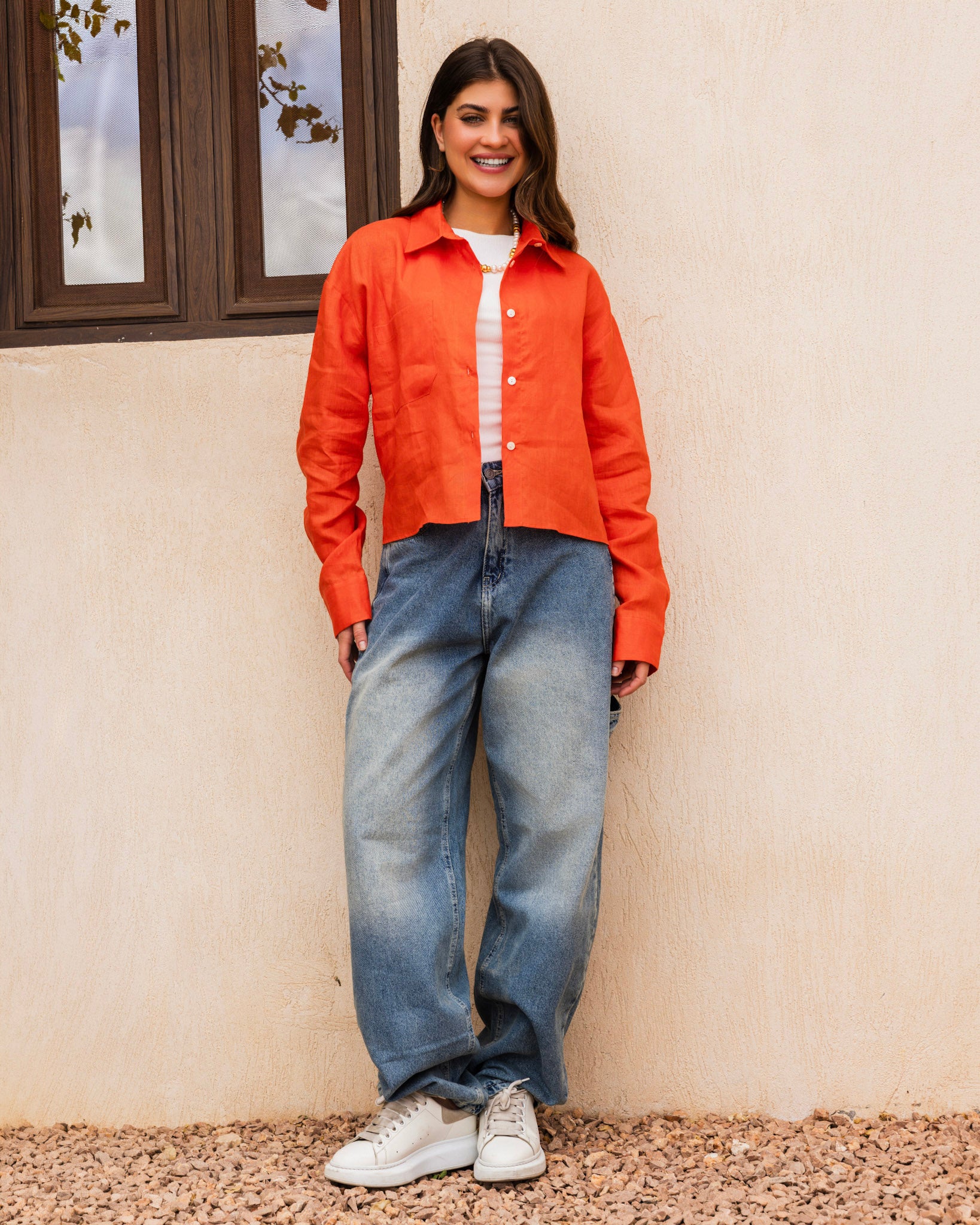 Cropped Linen Shirt - Orange
