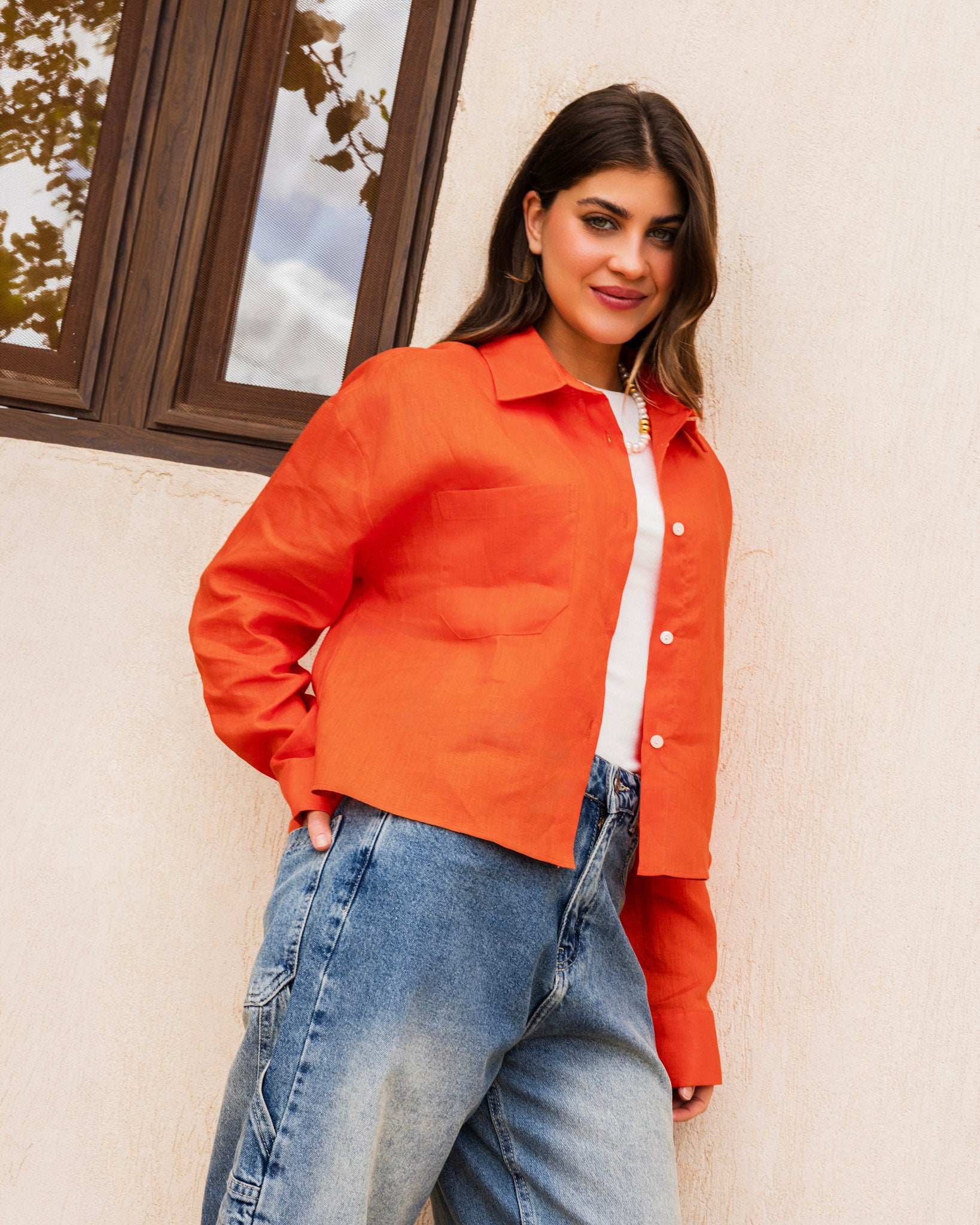 Cropped Linen Shirt - Orange