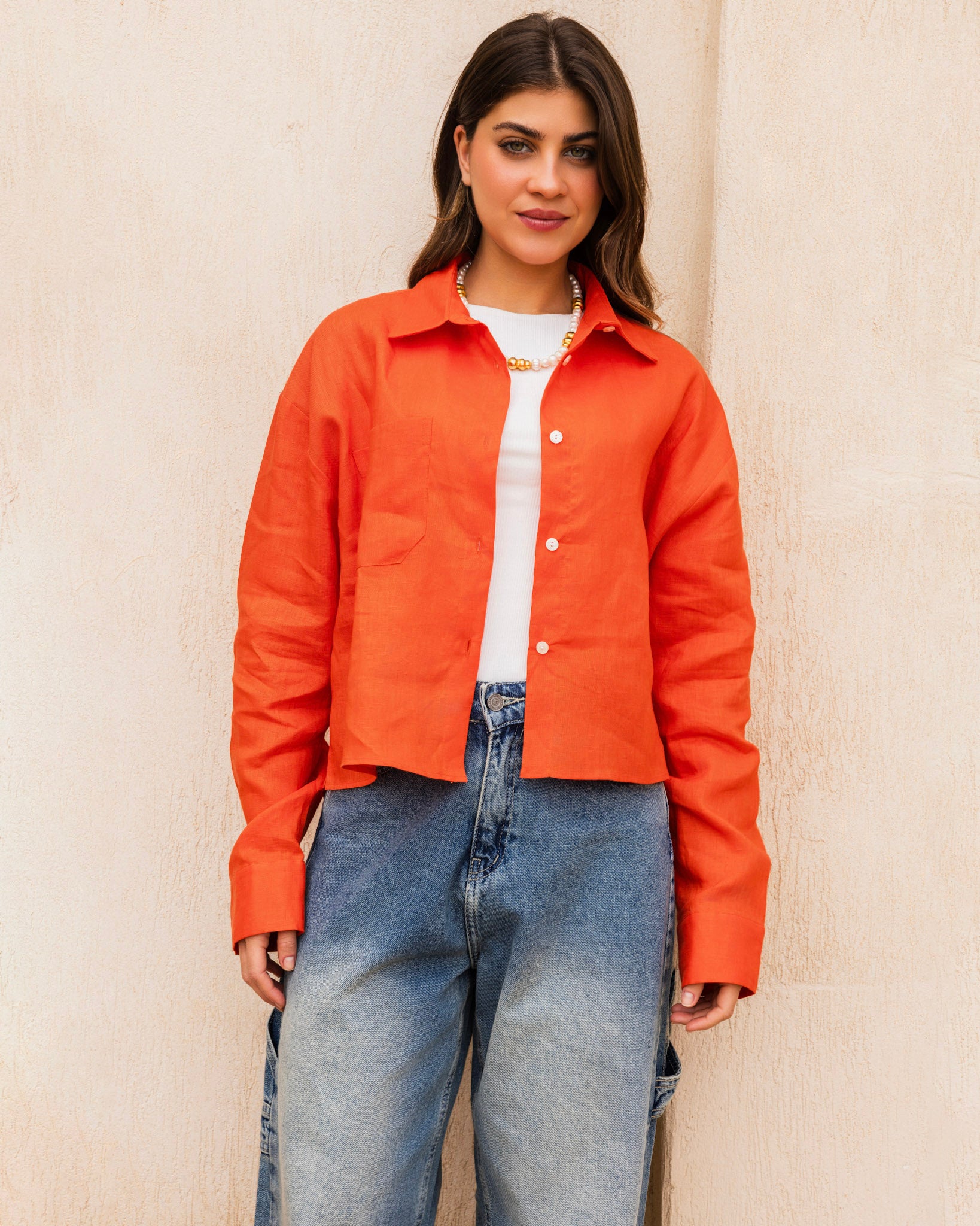 Cropped Linen Shirt - Orange