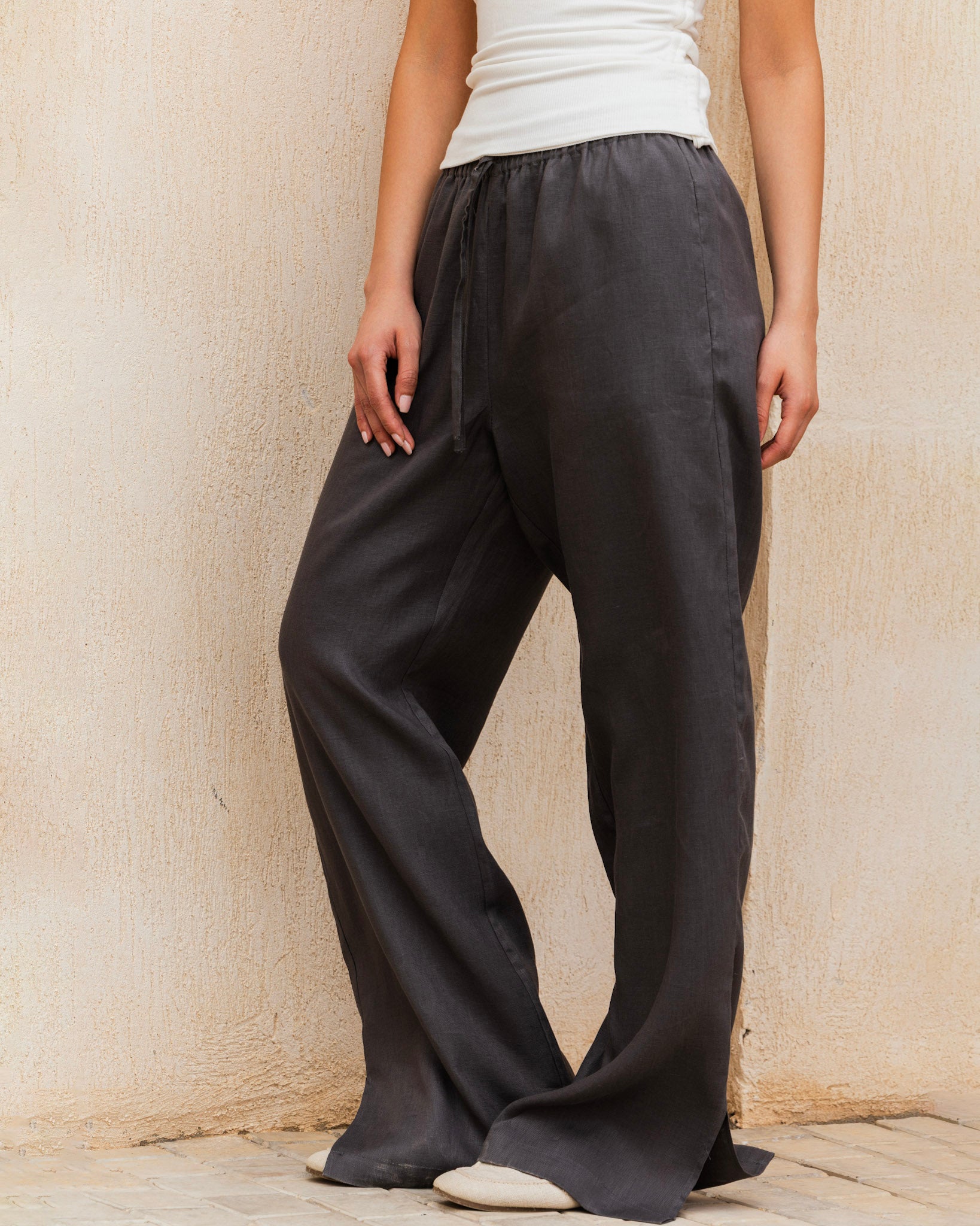 Slit Linen Pants - Dark Grey