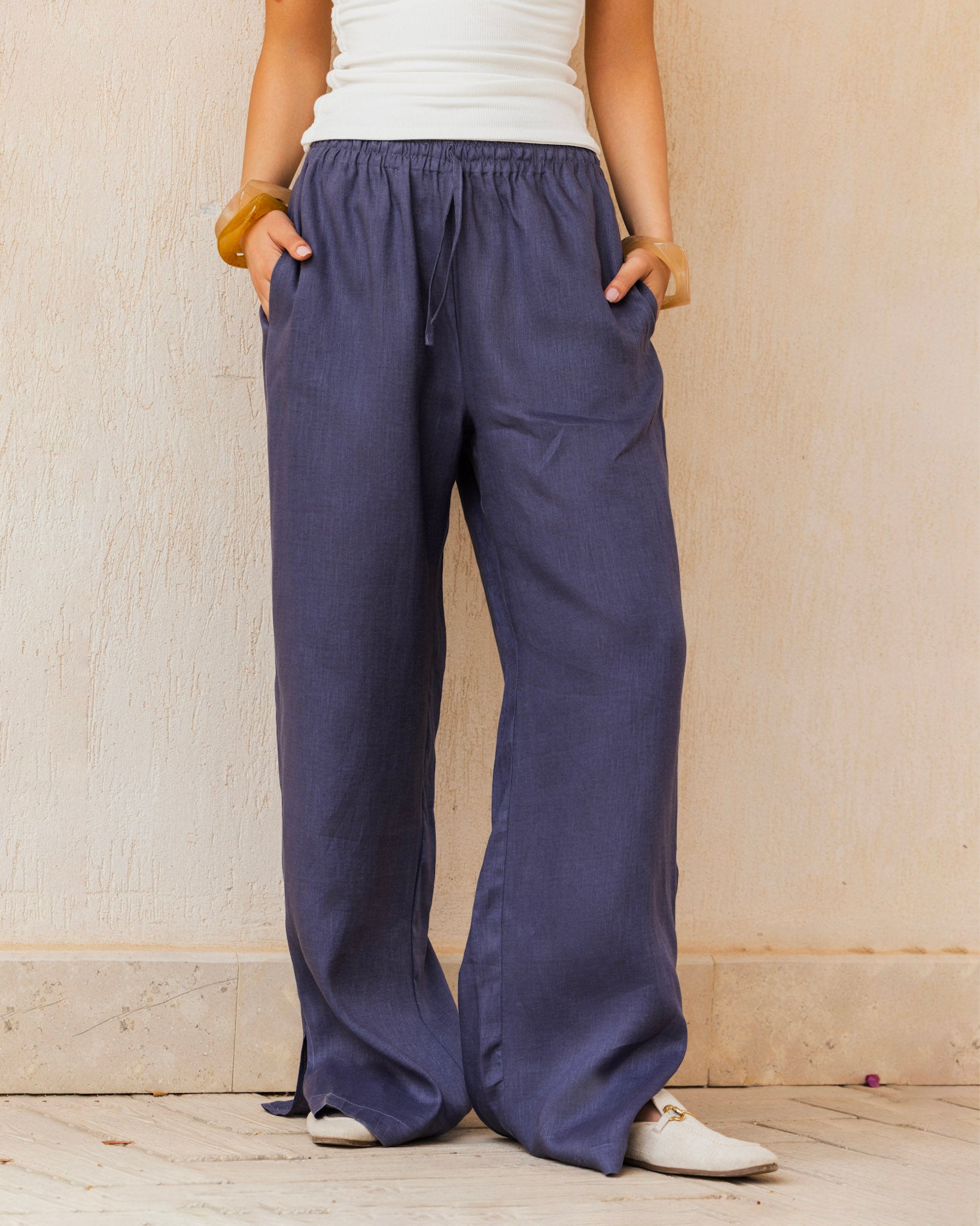 Slit Linen Pants - Midnight