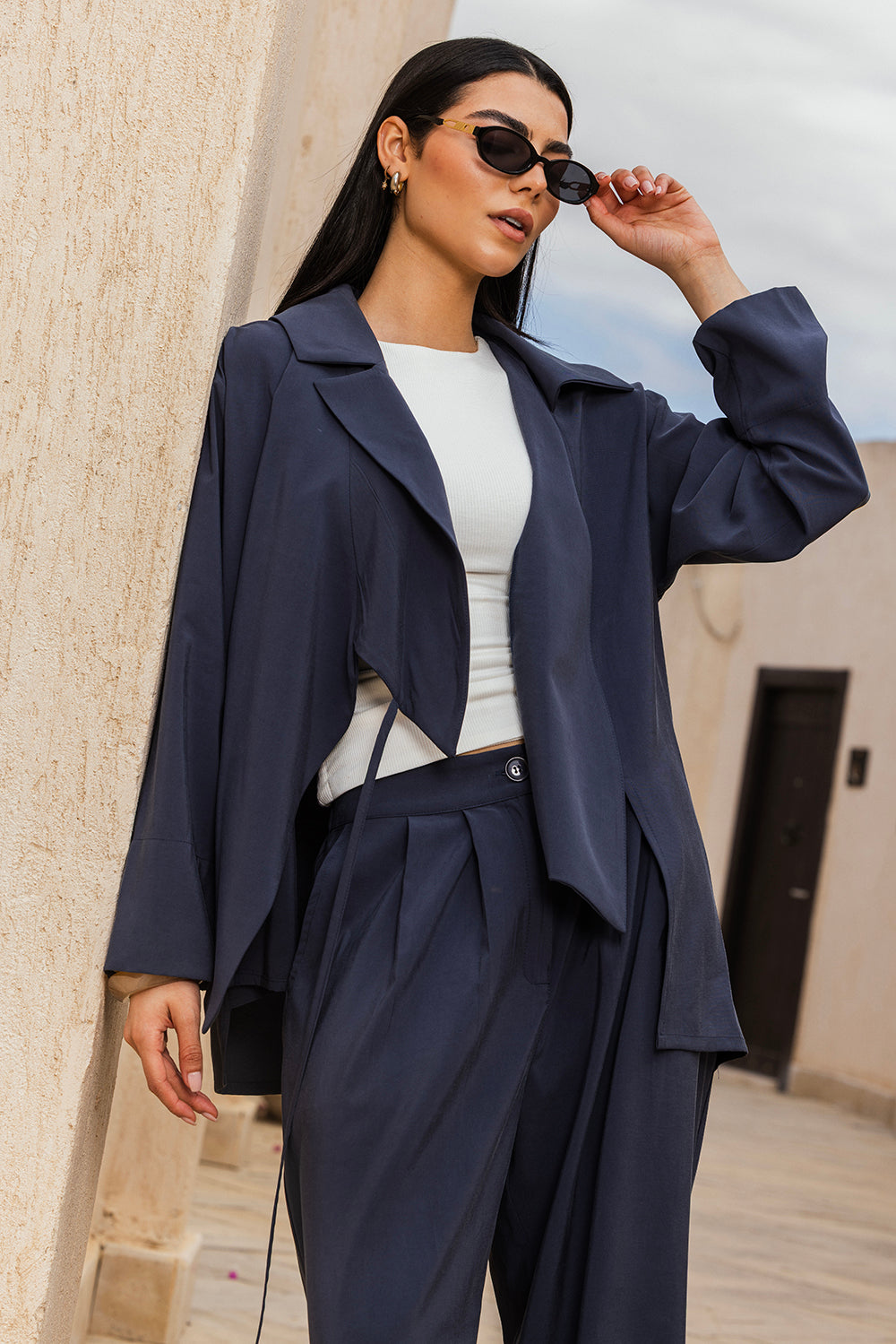 Draped Tailored Set - Navy