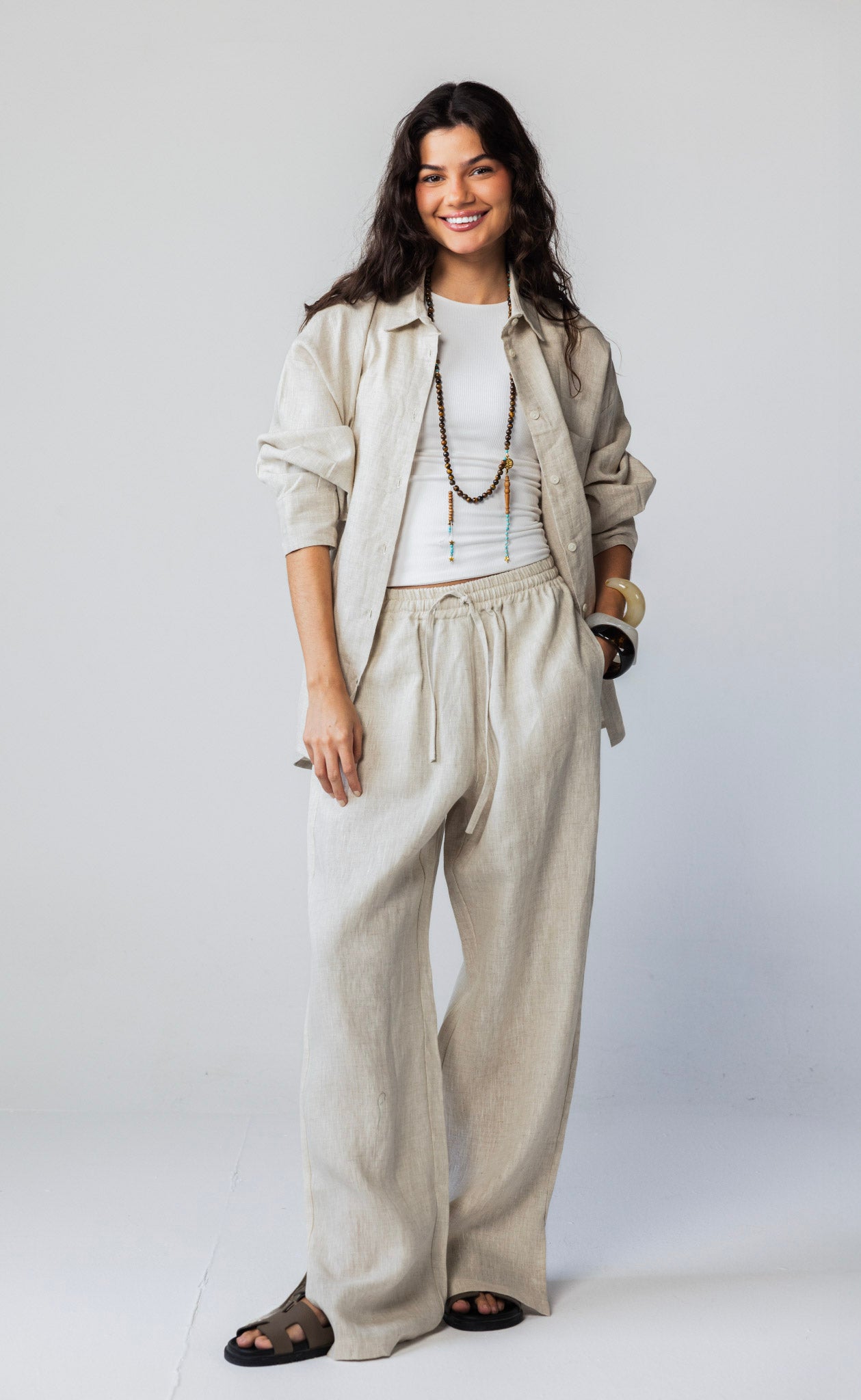 Slit Linen Pants - Beige