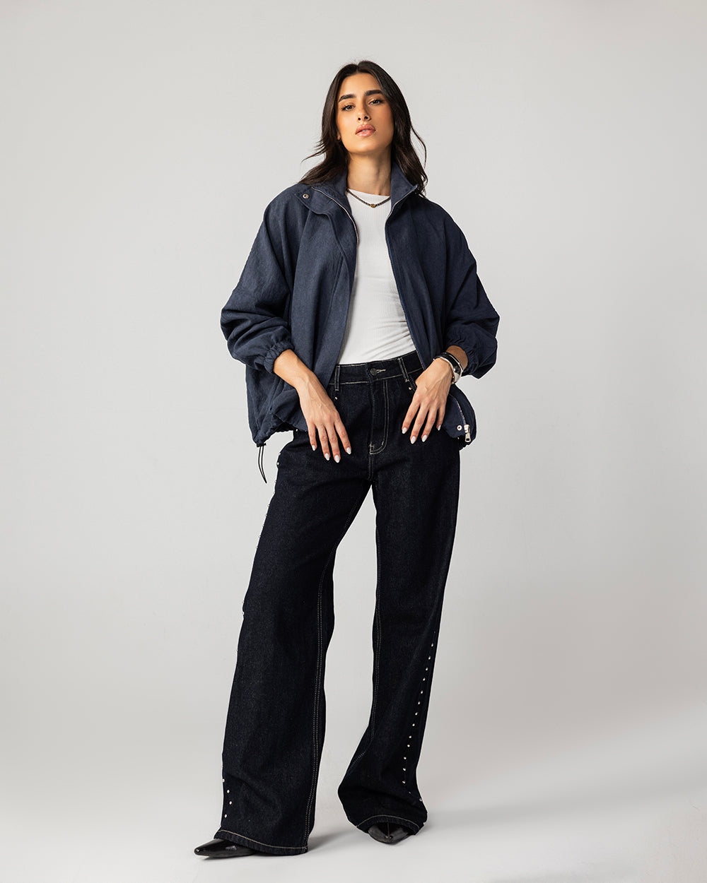 High Collar Bomber Jacket - Navy