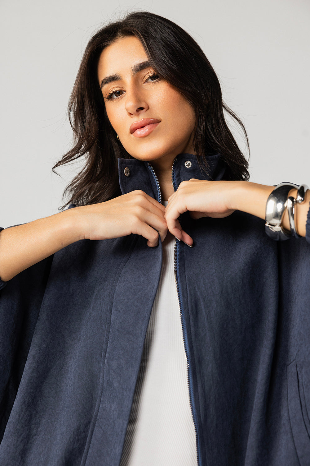 High Collar Bomber Jacket - Navy