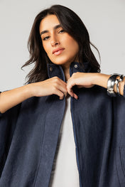 High Collar Bomber Jacket - Navy