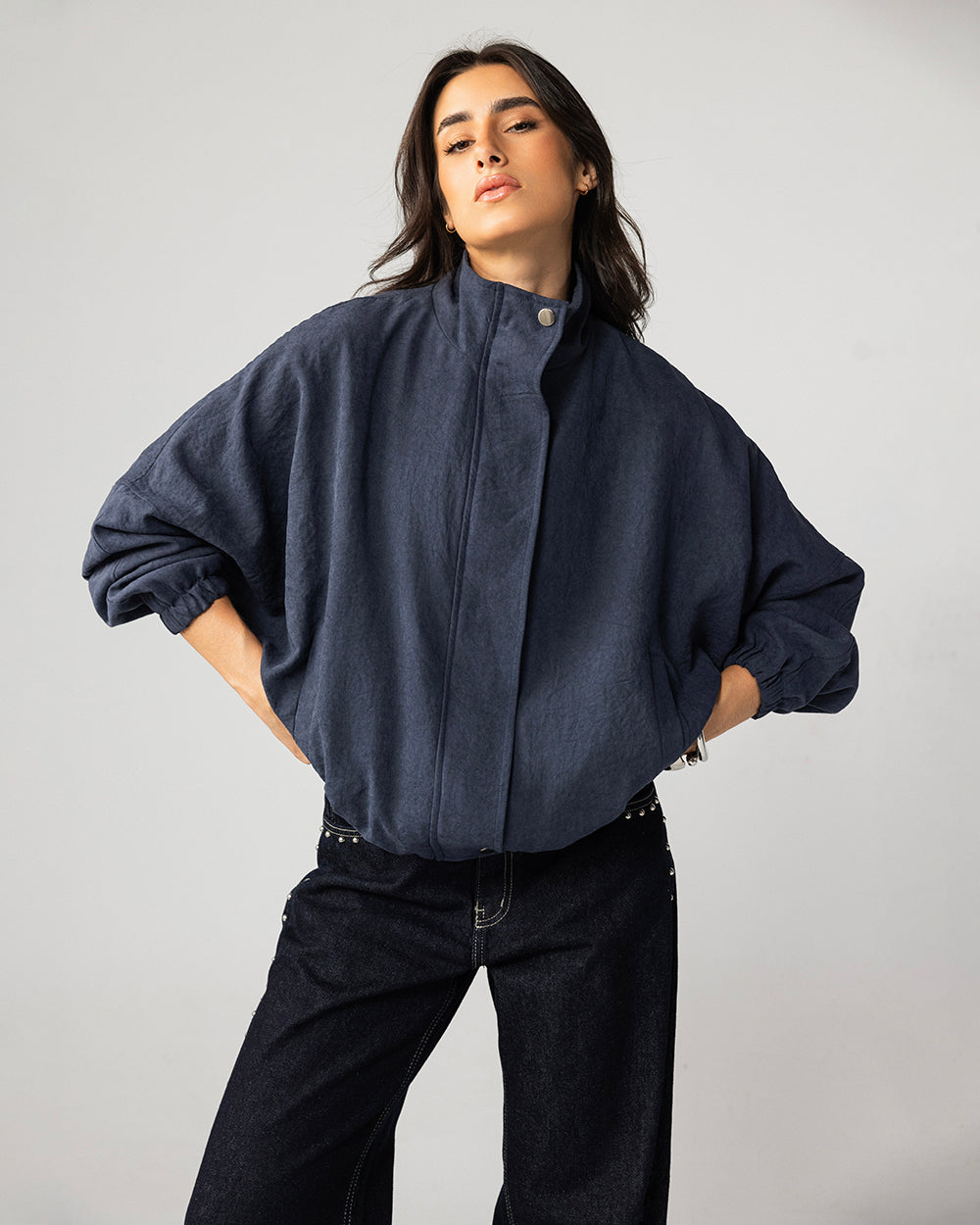 High Collar Bomber Jacket - Navy
