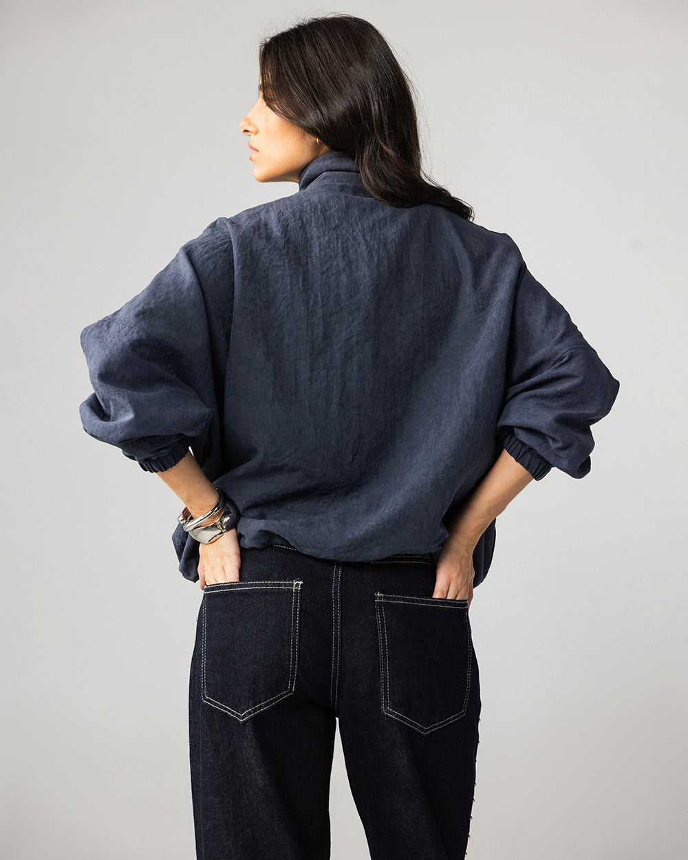 High Collar Bomber Jacket - Navy