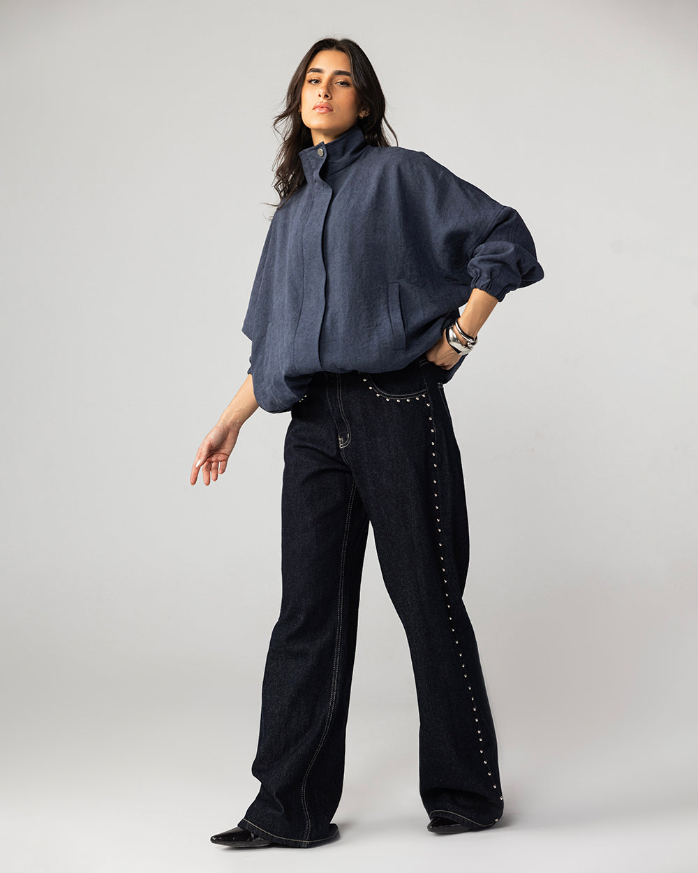 High Collar Bomber Jacket - Navy
