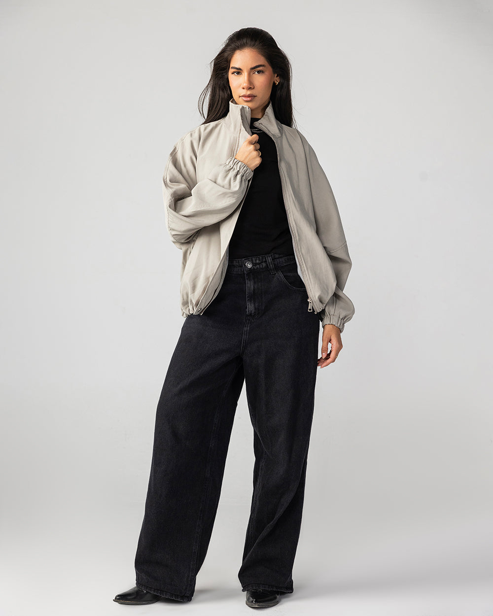 High Collar Bomber Jacket - Light Grey