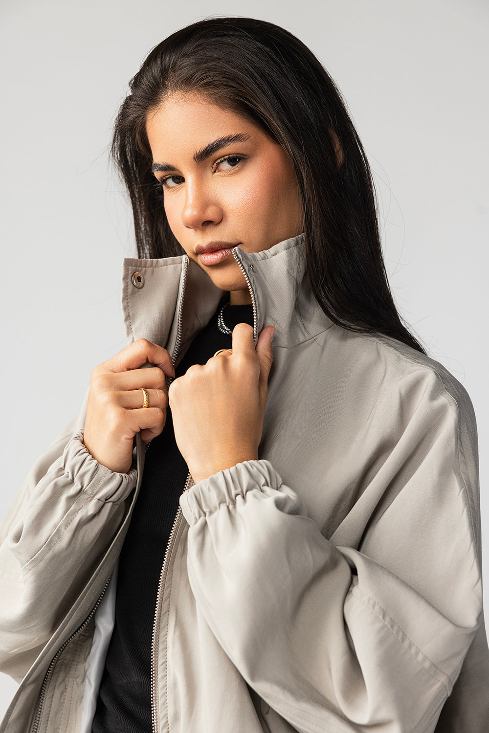 High Collar Bomber Jacket - Light Grey