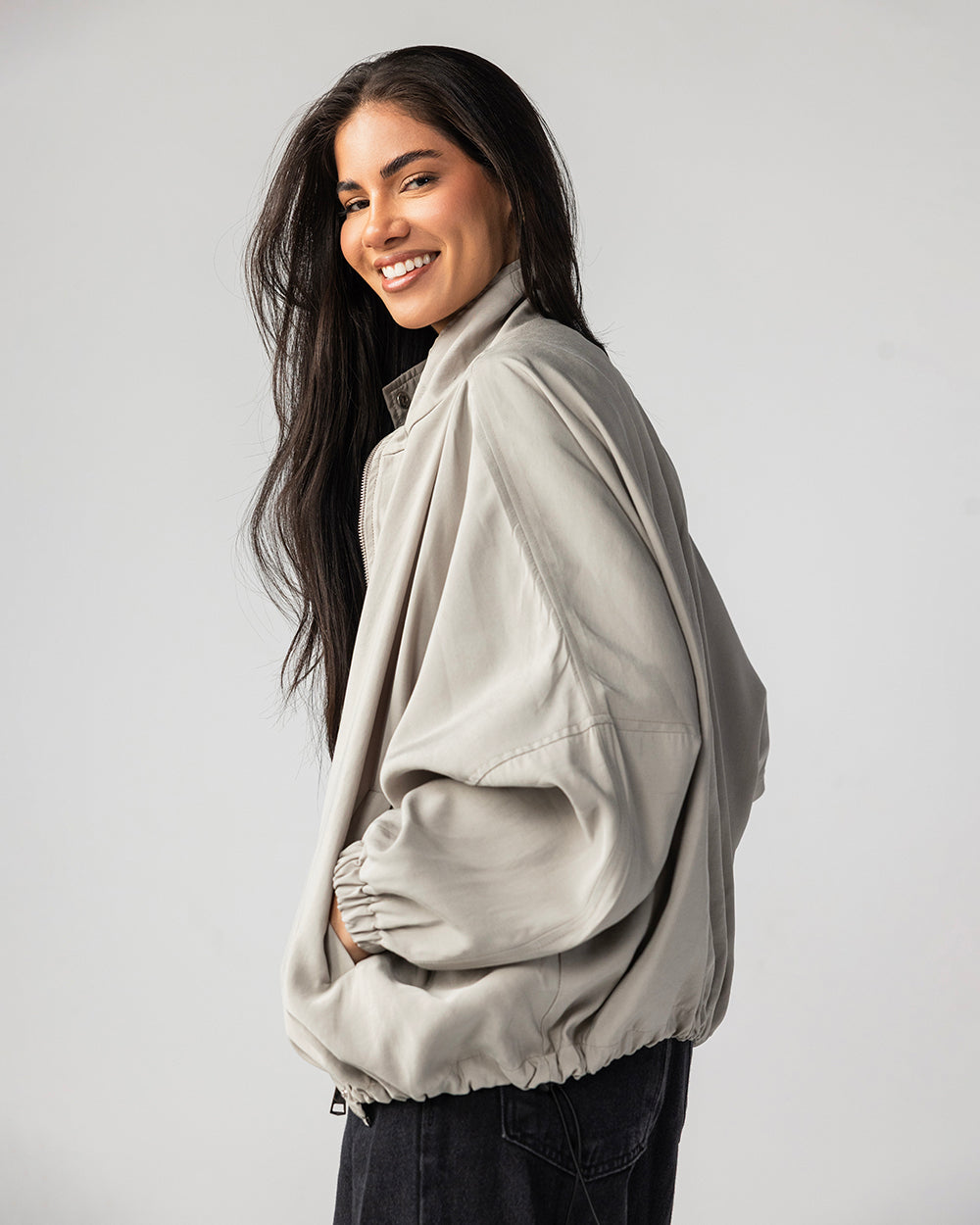 High Collar Bomber Jacket - Light Grey