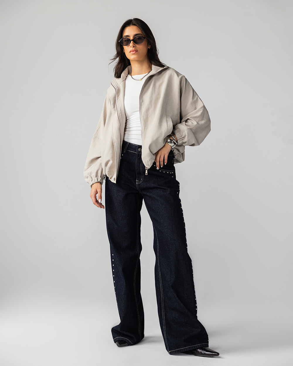 High Collar Bomber Jacket - Oatmeal