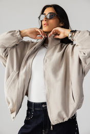 High Collar Bomber Jacket - Oatmeal