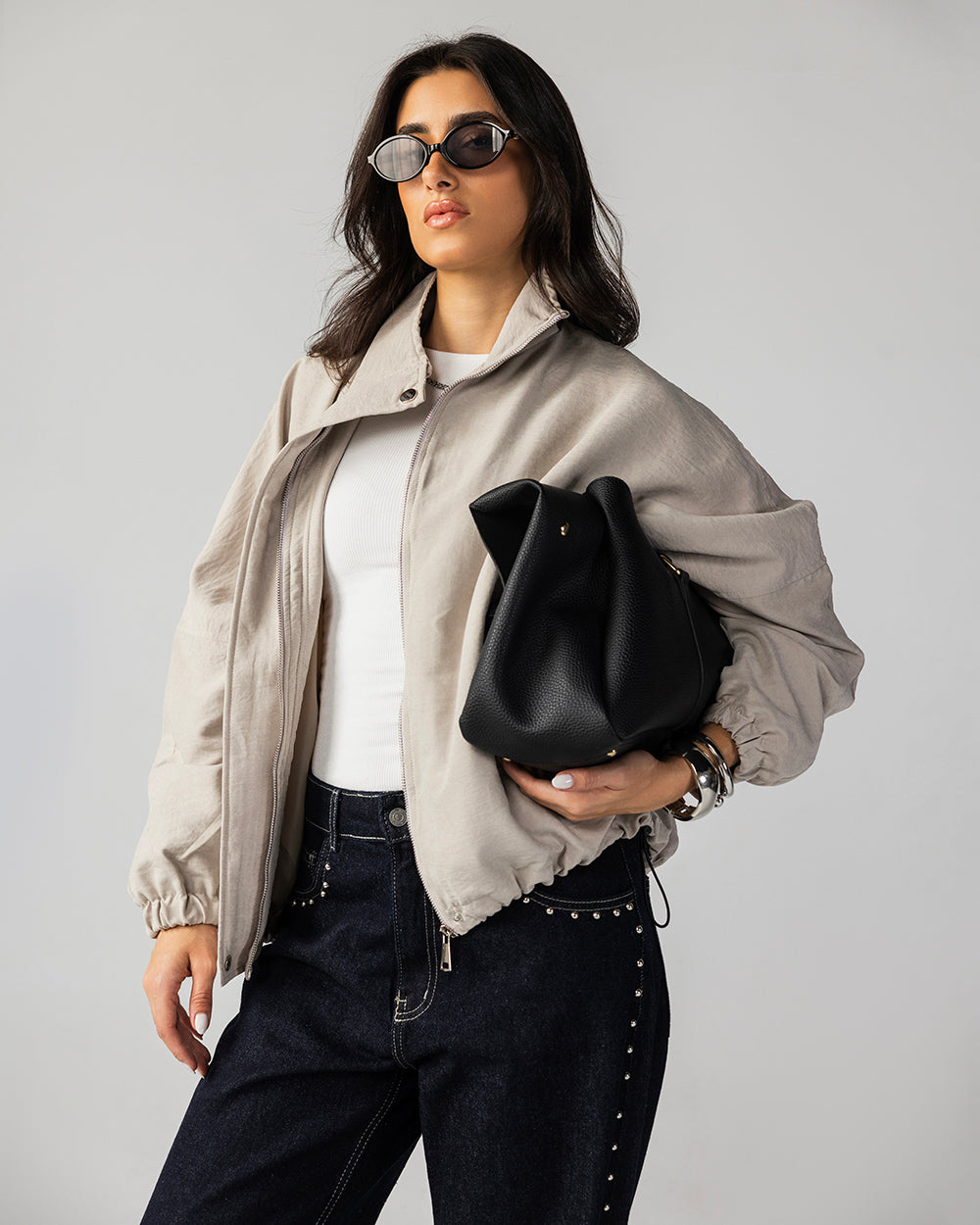 High Collar Bomber Jacket - Oatmeal