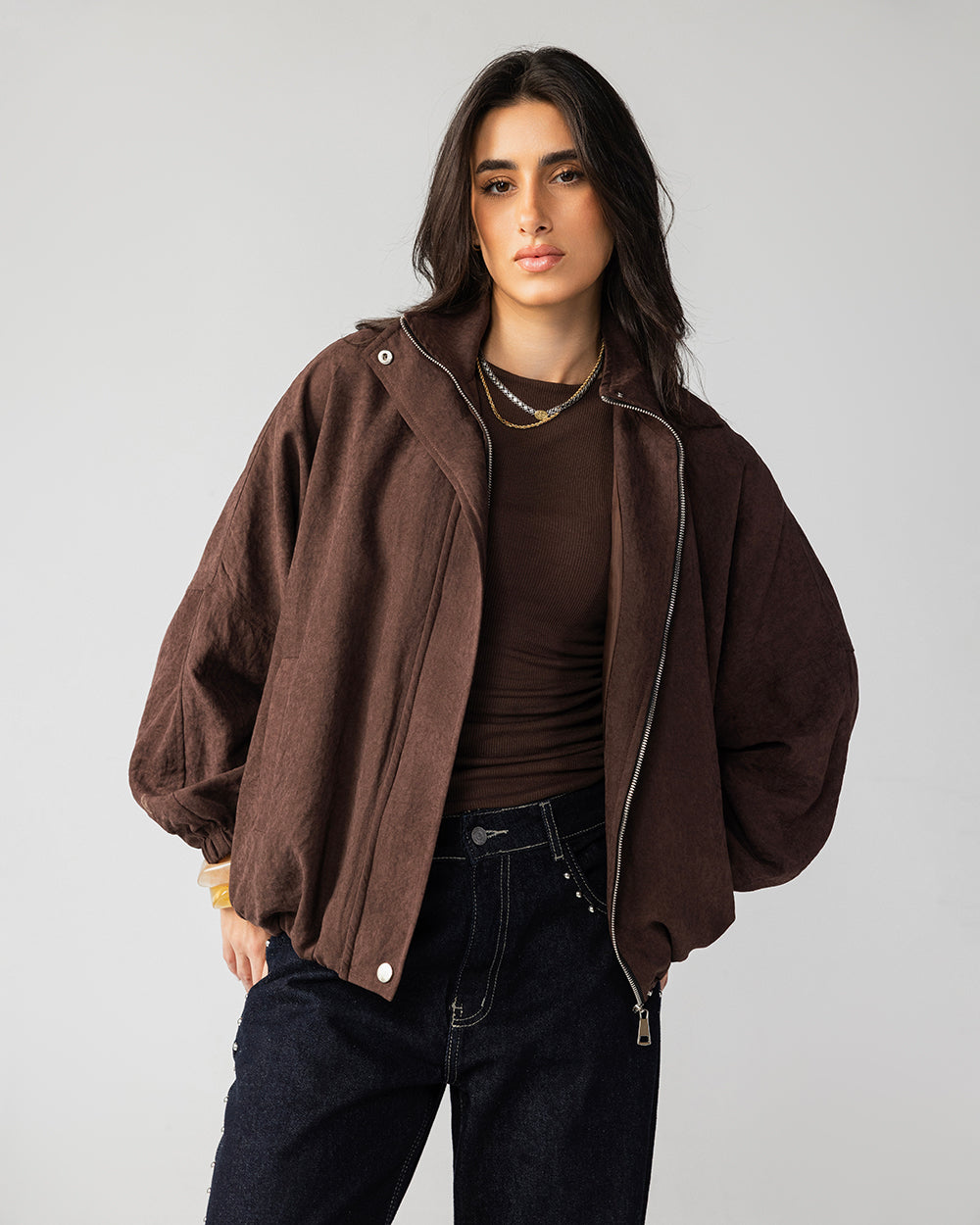 High Collar Bomber Jacket - Brown