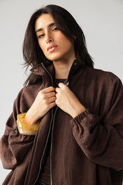 High Collar Bomber Jacket - Brown