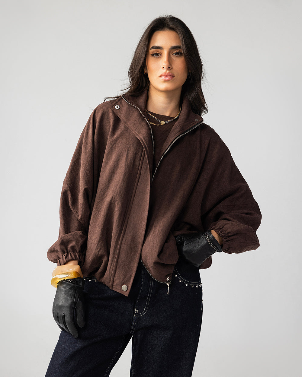 High Collar Bomber Jacket - Brown