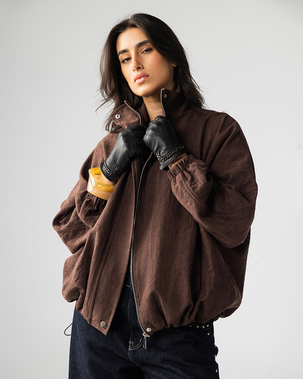 High Collar Bomber Jacket - Brown