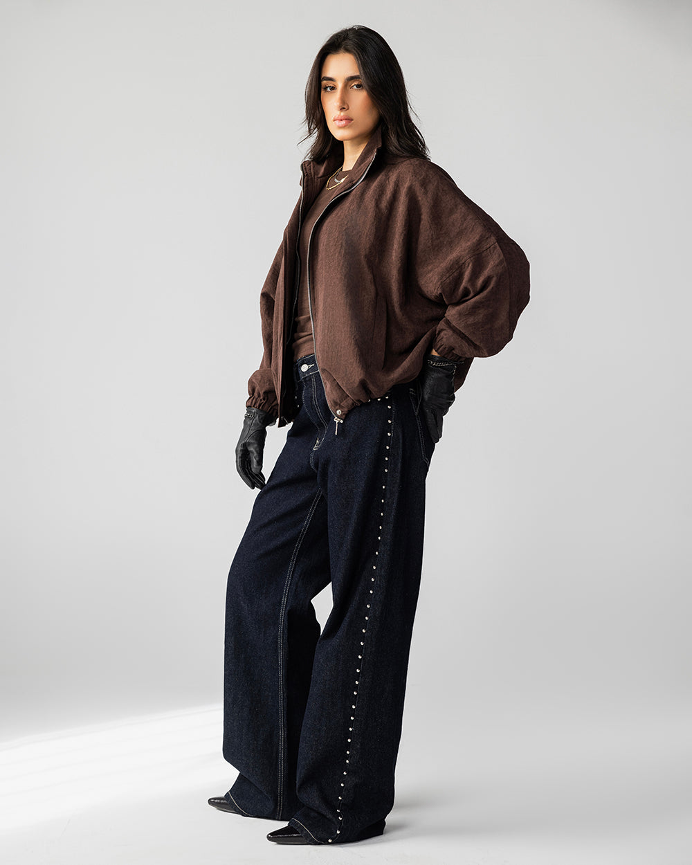 High Collar Bomber Jacket - Brown