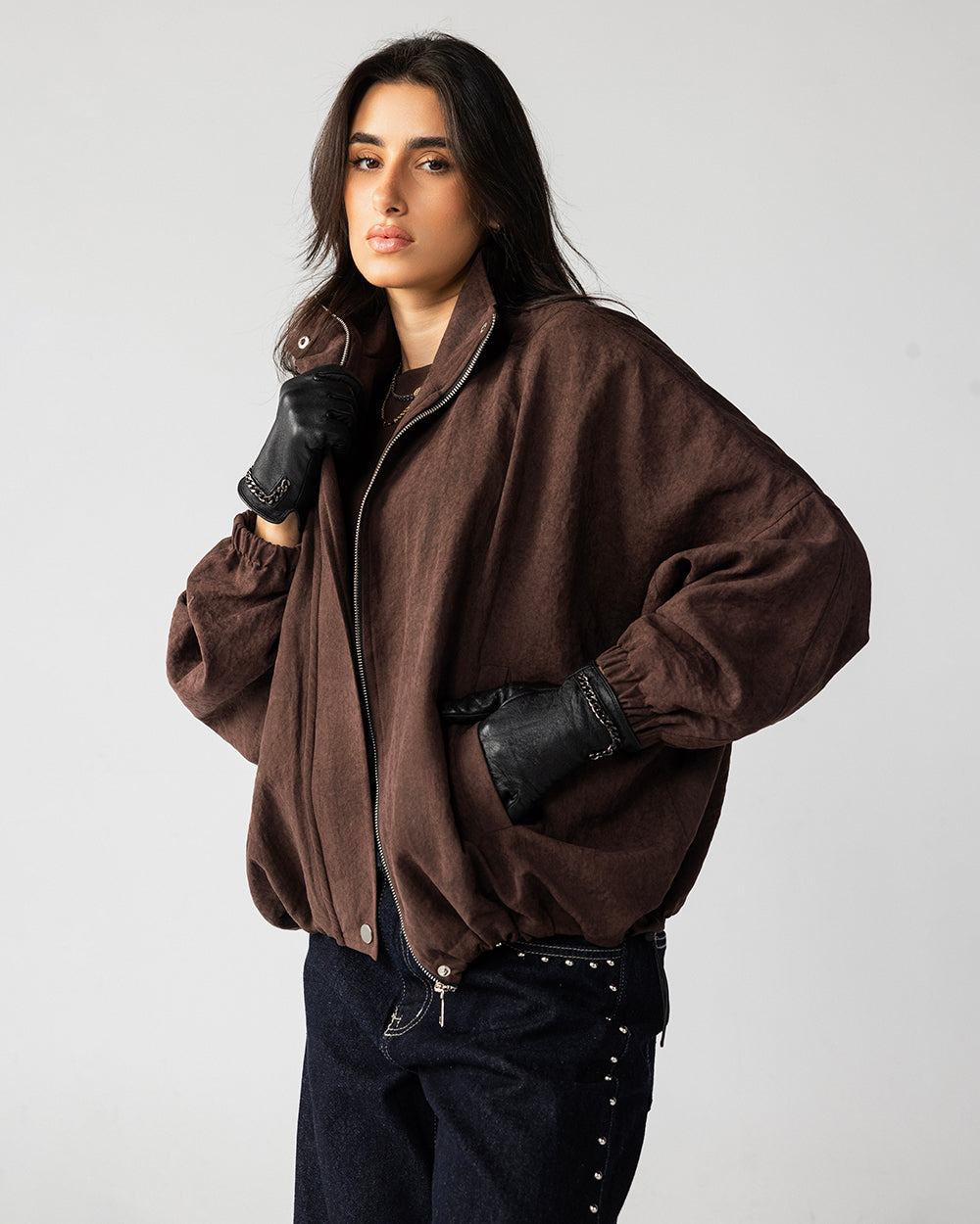 High Collar Bomber Jacket - Brown