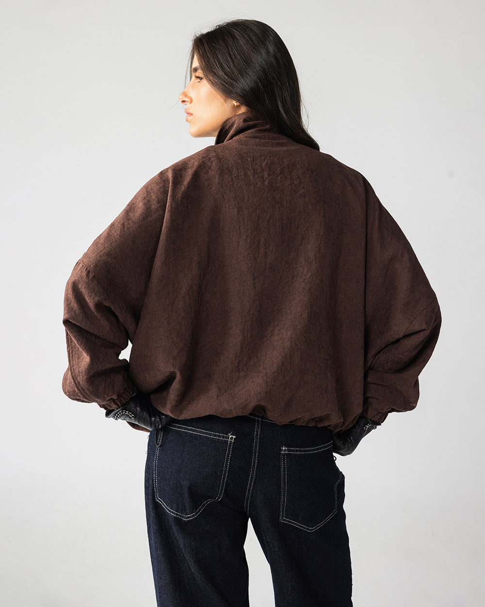 High Collar Bomber Jacket - Brown