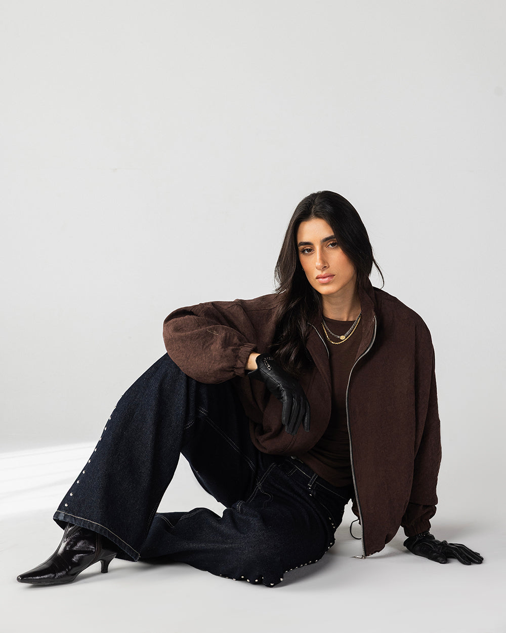 High Collar Bomber Jacket - Brown