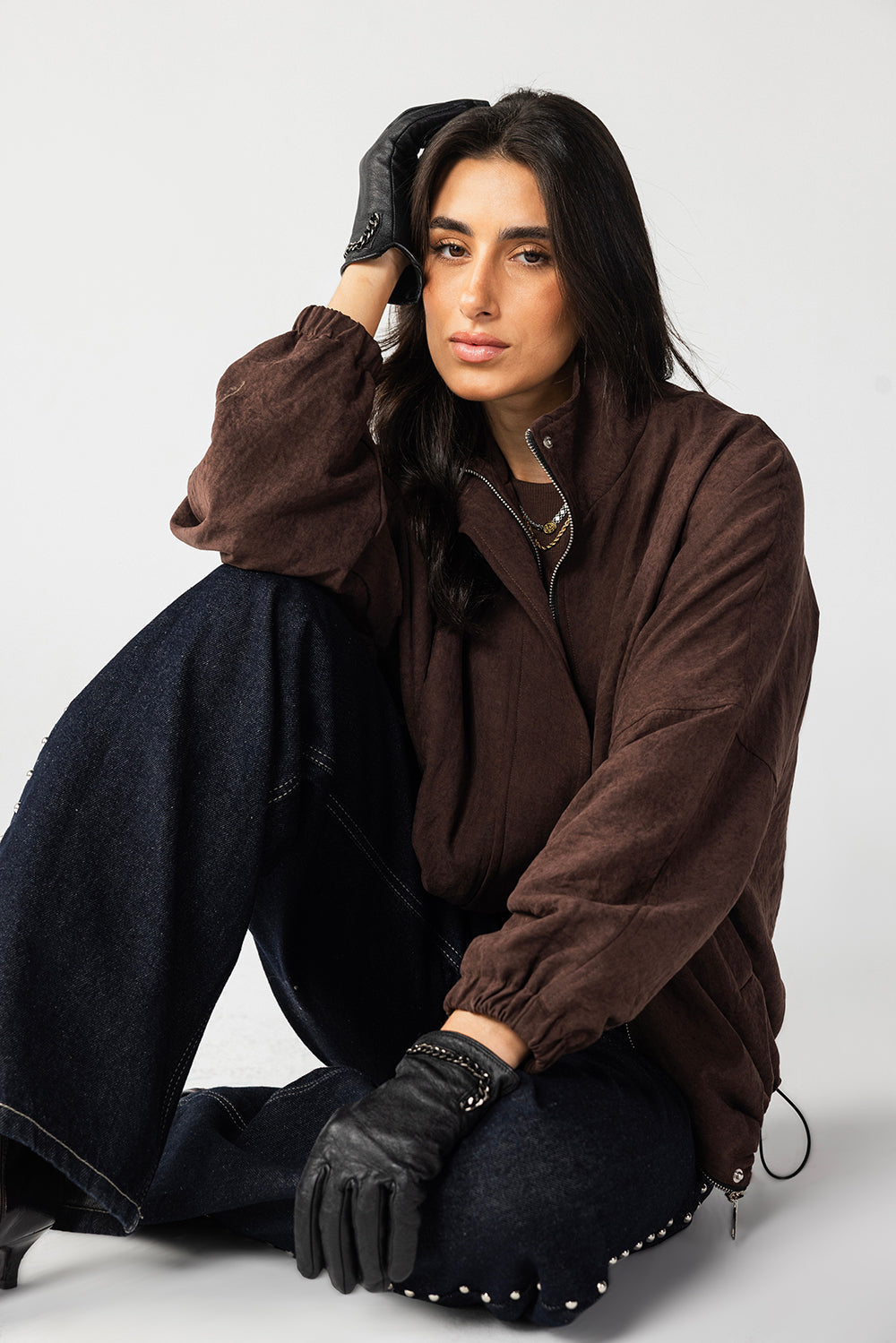 High Collar Bomber Jacket - Brown