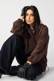 High Collar Bomber Jacket - Brown