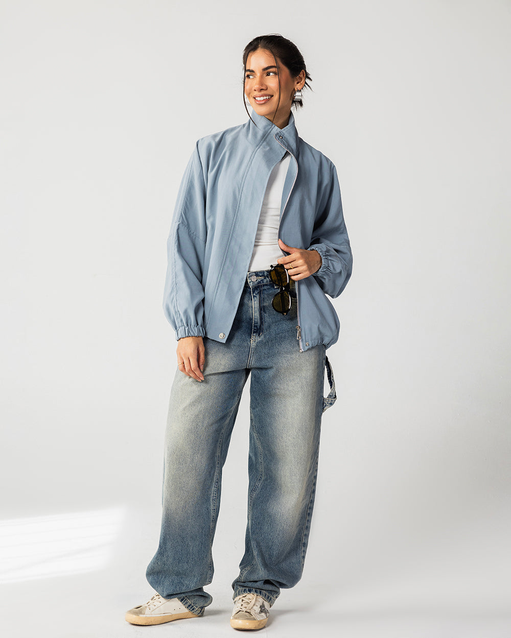 High Collar Bomber Jacket- Dusty Blue