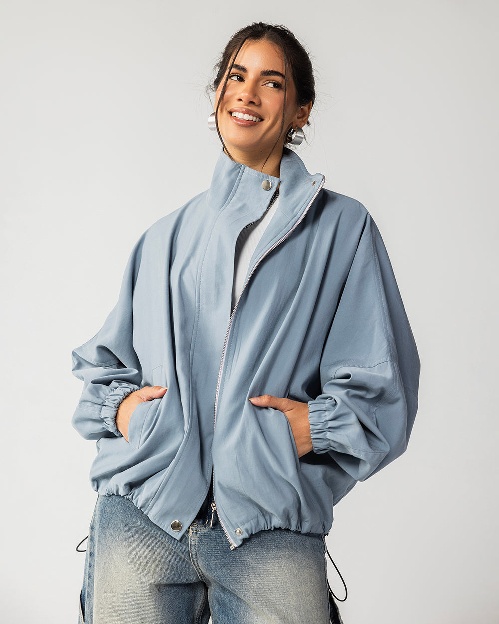 High Collar Bomber Jacket- Dusty Blue