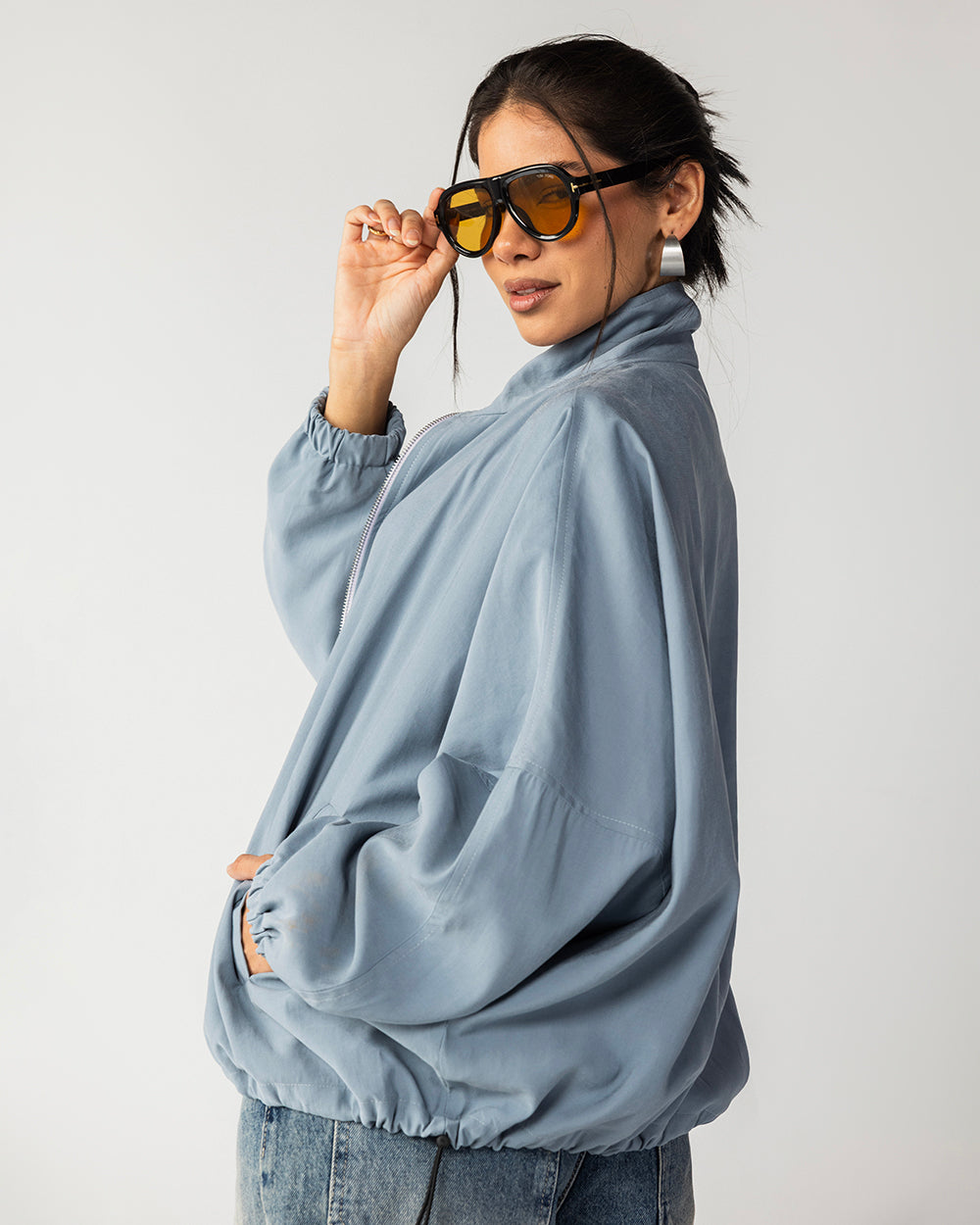 High Collar Bomber Jacket- Dusty Blue